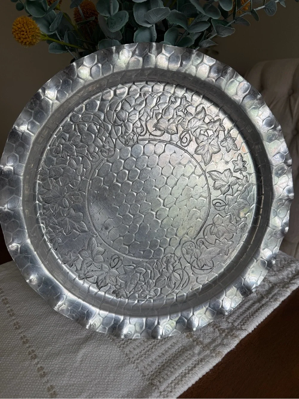 Vintage Mid-Century Hammered Aluminum Serving Tray.
